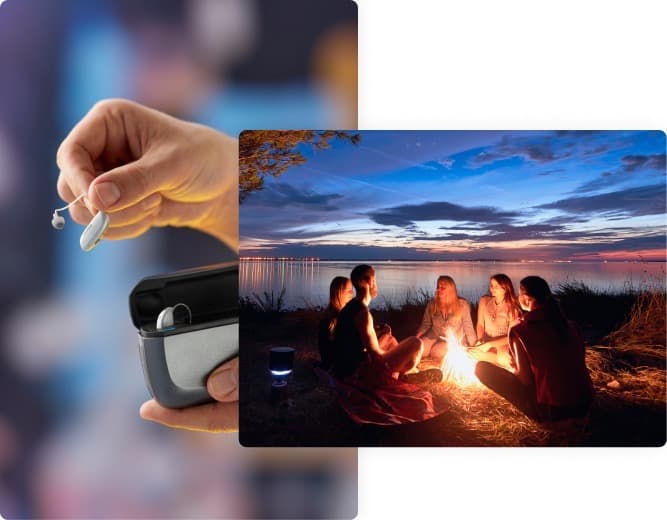 Hand holding a hearing aid by a bonfire
