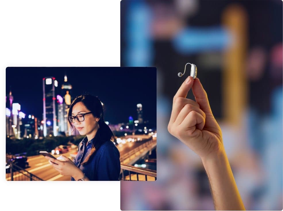 Woman holding a mobile phone outside at night