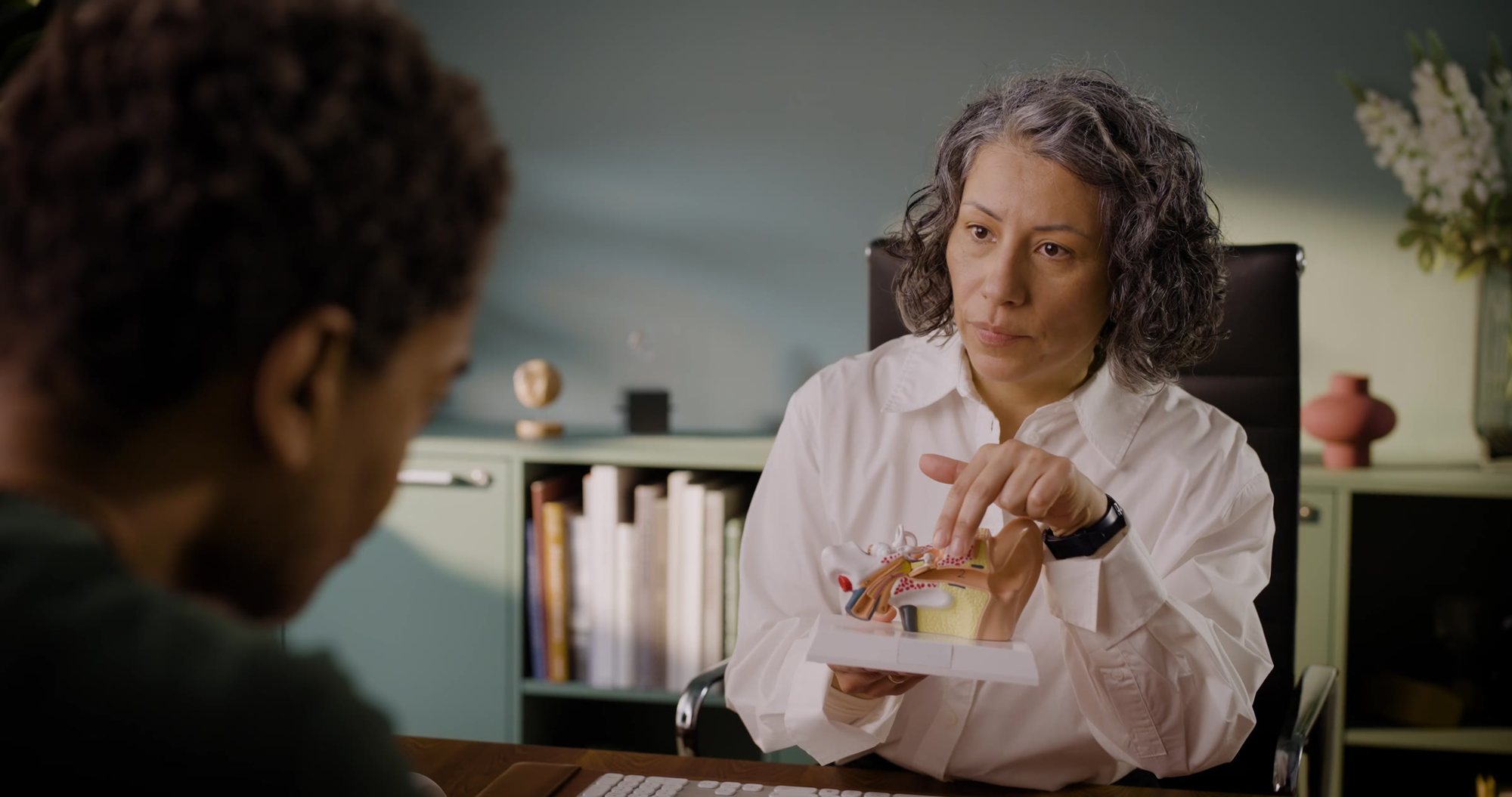 A hearing care professional using an ear model to explain how the ear works
